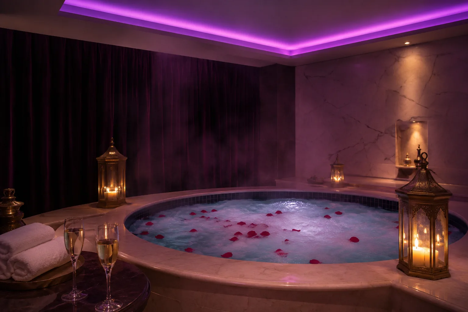 Jakuzili vip odanın mor ışıklı hâli — Lila Spa, Şişli misafirlerine hizmet veren salon
